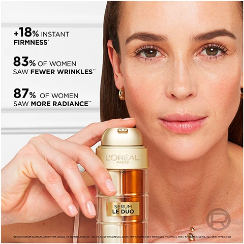 Image 3 - A woman with glowing skin holds a bottle of LOréal Paris Serum Le Duo, featuring text that states +18% instant firmness, 83% of women saw fewer wrinkles, and 87% of women saw more radiance.
Image 4 - Image shows a side-by-side comparison of the skin around the eyes labeled before and after, indicating a reduction in wrinkles, with the text clinically proven to reverse the look of up to 5 years of wrinkles.
Image 5 - A woman is shown with a calm expression, applying a product to her face using both hands, with visible text stating VISIBLE RESULTS followed by checkmarks and text that reads APPLIES SMOOTHLY, NO PILLING, and FAST ABSORPTION.
Image 6 - A woman with sleek hair poses confidently, holding a gold mascara tube while wearing a black top, with visible text that reads LORÉAL PARIS, PANORAMA MASCARA UP TO 1.4X BIGGER-LOOKING EYES, and BECAUSE YOURE WORTH IT.
Image 7 - Image shows a split comparison of two eyes with one labeled BEFORE and the other AFTER, demonstrating a cosmetic effect that makes eyes appear 1.4X bigger, with the text EYES APPEAR 1.4X BIGGER prominently displayed above.
Image 8 - A woman with long brown hair and bold makeup poses with her hand behind her head, wearing large earrings, with text that reads CORNER-TO-CORNER PANORAMIC VOLUME and two bullet points stating FANNED OUT LASHES and SMUDGE RESISTANT.