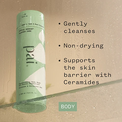 Image 1 - A cylindrical green container labeled pali stands against a wet surface, with bullet points listing its features: gently cleanses, non-drying, and supports the skin barrier with Ceramides, and the text BODY appears at the bottom.