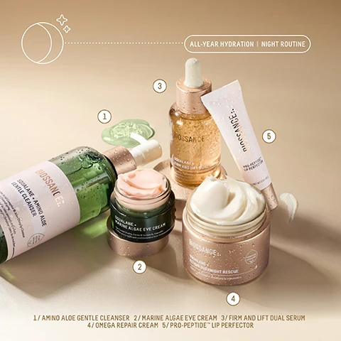 Image 1 - An arrangement of skincare products on a beige surface, including a green cleanser, two cream jars, a golden serum, and a lip perfecter, with labels indicating their names and numbers: 1 Amino Aloe Gentle Cleanser, 2 Marine Algae Eye Cream, 3 Firm and Lift Dual Serum, 4 Omega Repair Cream, 5 Pro-Peptide Lip Perfector, and a description above reading All-Year Hydration Night Routine.
Image 2 - A jar of Biossance Squalane + Ectoin Overnight Rescue cream is shown with a smooth, white cream on top, accompanied by text about its benefits, including 24-hour hydration, overnight barrier repair, and redness relief statistics.
Image 3 - An abstract close-up image of a gel-like substance filled with bubbles, featuring three lines of text that read: VISIBLY FIRMS, LIFTS + SCULPTS, HELPS REDUCE WRINKLES, and BOOSTS HYDRATION.
Image 4 - Image shows four serum bottles arranged horizontally with descriptions underneath each: The Total Lift, The Power Plumper, The Power Vanisher, and The Ultimate Smoother; visible text reads FIND YOUR SERUM SUPERHERO along with product benefits.
