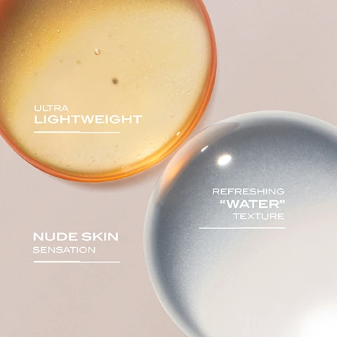 Image 2 - Two circular blobs of product on a light background, one amber-colored labeled ultra lightweight and the other clear labeled refreshing water texture, with additional text stating nude skin sensation.
Image 3 - An image showing two bottles of Lancaster Sun Beauty sunscreen, both with orange packaging; the left bottle labeled SUN BEAUTY Nude Skin Sensation 30 SPF HIGH PROTECTION and the right bottle labeled LANCASTER PHOTAGING CONTROL 30 SPF HIGH PROTECTION, with a NEW PACK badge in the top right corner.