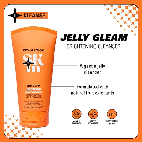Image 1 - An orange tube of Revolution Skin Jelly Gleam Brightening Cleanser, featuring the text A gentle jelly cleanser and Formulated with natural fruit exfoliants, along with icons indicating it gently cleanses, gently exfoliates, and smooths skin texture.
Image 2 - An orange bottle of Glyco Glow Brightening AHA Toner is shown, with text indicating it contains 5% glycolic acid and ginger, and highlights benefits like instantly radiant skin, exfoliation, brightness, and smoothing; icons for glow boosting, brightening, and evening skin tone are also visible.
Image 3 - Image of a skincare product labeled Brighten Up Brightening Serum from Revolution with a white and orange container, featuring bullet points stating it boosts radiance, hydrates skin, and energizes skin, along with the note that it is perfect for Vitamin C newbies.
Image 4 - Image of a container of Revolution SKIN Lustre Lights Brightening Moisturiser with an orange and white design, featuring labels that read 3-in-1 moisturiser, primer & highlighter, instantly brightens & adds glow, along with icons for instant glow and hydration.
Image 5 - A collection of skincare products marketed for brighter skin, including an orange tube labeled Jelly Gleam, bottles, and jars, all set against a bright green background, with the text Be Bright Glow Boosting Formulas for Brighter Skin and 4 Steps to Brighter Skin.
Image 6 - Four quadrants display skincare products against a colorful background: the top left titled Be Bright with orange and yellow packaging, the top right titled Happy Hydrate with blue and green containers, the bottom left titled Clearly Clarify with light blue packaging, and the bottom right titled Go Gentle with pink and white products, each section includes descriptions of the formulas below the titles.
Image 7 - A side-by-side comparison of a womans face showing her skin before and after using a skincare routine for four weeks, with visible text reading BEFORE and AFTER 4 WEEKS along with Be Bright 4-Step Routine and product images on the bottom right.
Image 8 - Side-by-side images showing a womans face before and after using a skincare routine for four weeks, with the word BEFORE in the top left corner and AFTER 4 WEEKS in the top right corner; the after image features a radiant complexion, and a product display at the bottom including Be Bright 4-Step Routine.