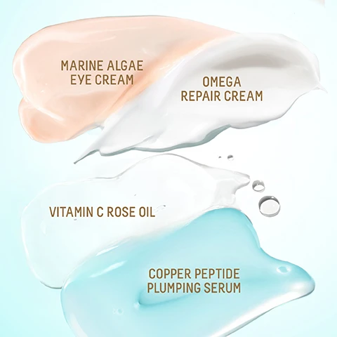 Image 1 - The image shows four cosmetic product swatches: a peach-colored cream labeled Marine Algae Eye Cream, a white cream labeled Omega Repair Cream, a clear oil labeled Vitamin C Rose Oil, and a blue-green serum labeled Copper Peptide Plumping Serum. Image 2 - Various colored Biossance skincare containers are arranged on a light blue background with water droplets and clear bubbles, displaying text MARINE ALGAE EYE CREAM 97% SHOWED IMPROVEMENT IN THE APPEARANCE OF FINE LINES AND WRINKLES AFTER 1 USE¹, VITAMIN C ROSE OIL 97% AGREE SKIN FIRMNESS AND SUPPLENESS IS IMPROVED², OMEGA REPAIR CREAM 100% SHOWED IMPROVEMENT IN SKIN HYDRATION³, BIOSSANCE SQUALANE + MARINE ALGAE EYE CREAM, BIOSSANCE SQUALANE + VITAMIN C ROSE OIL, BIOSSANCE SQUALANE + COPPER PEPTIDE RAPID PLUMPING SERUM, BIOSSANCE SQUALANE + OMEGA REPAIR CREAM, and the disclaimer text ¹Based on a clinical study of 33 female subjects ²Based on a 21-day consumer study of 32 women with twice daily use ³Based on a 28-day consumer study of 31 women. Image 3 - The image shows four Biossance skincare products with water droplets on a beige background with a gold glitter ribbon: a pink dropper bottle of Squalane + Vitamin C Rose Oil labeled FULL SIZE 30ML, a small green jar of Squalane + Marine Algae Eye Cream labeled 5ML, a green jar of Squalane + Omega Repair Cream labeled 15ML, and a blue dropper bottle of Squalane + Copper Peptide Rapid Plumping Serum labeled NEW EXCLUSIVE SIZE 15ML. Image 4 - Image displays a four-step skincare routine with four Biossance products and their benefits, titled Bright Bestsellers Routine. Step 1 features Squalane + Marine Algae Eye Cream which Instantly Firms and Lifts Under Eyes. Step 2 shows Squalane + Copper Peptide Rapid Plumping Serum which Instantly Hydrates & Visibly Plumps. Step 3 presents Squalane + Omega Repair Cream for Rich Facial Hydration with Weightless Absorption. Step 4 includes Squalane + Vitamin C Rose Oil which Brightens and Evens Skin Tone. The routine is Suitable for Sensitive Skin.