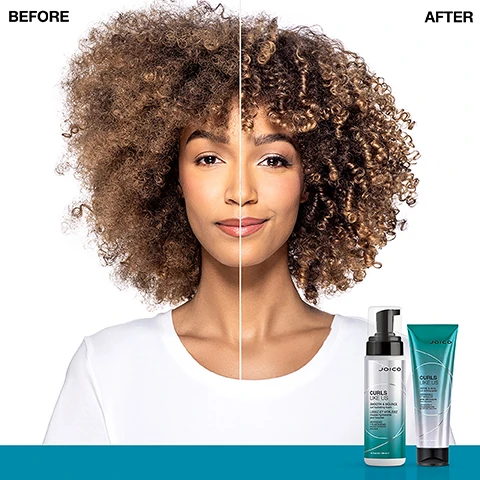 Image 2 - A split image shows a woman with curly hair, with the left side labeled BEFORE showing frizzier curls and the right side labeled AFTER showing smoother, defined curls, alongside bottles of JOICO CURLS LIKE US SMOOTH & BOUNCE curl hydrating foam LISSEZ ET VITALISEZ mousse hydratante pour boucles SEDOSIDAD Y ELASTICIDAD espuma hidratante para rizos e190 mL/6.4 fl oz and JOICO CURLS LIKE US DEFINE & SEAL liquid gel DEFINISSEZ ET SCELLEZ gel liquide définissant pour boucles DEFINICION Y FIJACION gel liquido para rizos e181 g/6.4 oz/200 mL. Image 3 - Image of a Joico Curls Like Us product bottle next to text that says CELEBRATE YOUR CURLS, Enhances curl pattern, Reduces frizz, Locks out humidity for 72 hours, *Vs. untreated hair at high humidity conditions, JOICO, CURLS LIKE US SMOOTH & BOUNCE curl hydrating foam LISSEZ ET VITALISEZ mousse hydratante pour boucles SEDOSIDAD Y ELASTICIDAD espuma hidratante para rizos. Image 4 - Image of a Joico Curls Like Us Smooth & Bounce curl hydrating foam bottle with text Algae oil A bio-based oil derived from microalgae a source of omega-9, Vegan protein Made from pea and vegetable proteins Mimics the protein found naturally in hair, Moringa seed oil A natural source of antioxidants vitamins A and E zinc and silica, LISSEZ ET VITALISEZ mousse hydratante pour boucles, SEDOSIDAD Y ELASTICIDAD espuma hidratante para rizos, 6.7 fl oz U.S. / 200 ml e. Image 5 - Image showing Joico hair product collection pairings titled CURLS LIKE US for all curl types COLLECTION PAIRINGS featuring Hydrasplash for fine to medium curls that need hydration, K-Pak for damaged curls repair years of visible damage and fight future breakage at the same time, Moisture Recovery for thick/coarse curls that need moisture, and Defy Damage for curls that look dry dull and lackluster protect and strengthen hair bonds.
