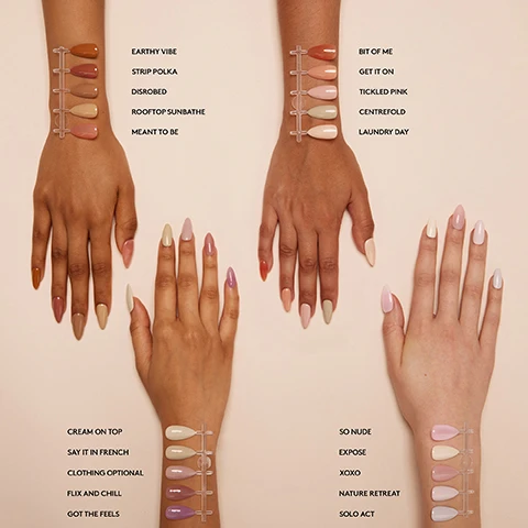 Image 1 - Image shows three hands with various nail polish swatches displayed next to them, featuring colors and labels like Earthy Vibe, Strip Polka, Disrobed, Rooftop Sunbathe, Meant to Be, Cream on Top, Say It in French, Clothing Optional, Flix and Chill, Got the Feels, Bit of Me, Get It On, Tickled Pink, Centrefold, Laundry Day, So Nude, Expose, XOXO, Nature Retreat, and Solo Act.
Image 2 - A bottle of red gel nail polish with a brush pulling away from it, with text surrounding the image stating Lasts up to 3 weeks, Cures in 30-60 seconds, HEMA-free, No dry time - cures under LED lamp, Removes in 10 minutes, and Applies like normal polish, along with the brand name mylee.
Image 3 - Image shows several hands with manicured nails in different shades, arranged around color swatches of nail polish with visible text labels for each color, including “MOTHER NATURE,” “NEVER FULLY DRESSED,” and “BIRTH OF VENUS.”
Image 4 - Step-by-step guide for applying gel polish showing four numbered steps: 1. PREP with a nail file and a lint-free wipe; 2. BASE with a base coat and an LED lamp; 3. COLOUR with gel polish and an LED lamp; 4. FINISH with a top coat, with the text 30-60 secs displayed under the lamp icon.