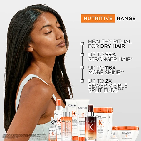 Image 1 - A woman with long, straight hair poses with her eyes closed, surrounded by various hair care products from the Kérastase Nutritive range, which highlights benefits like stronger hair, increased shine, and fewer split ends. Visible text includes NUTRITIVE RANGE, HEALTHY RITUAL FOR DRY HAIR, UP TO 99% STRONGER HAIR*, UP TO 116% MORE SHINE**, and UP TO 2X FEWER VISIBLE SPLIT ENDS***.
Image 2 - A light beige cream in a droplet shape on a white background, with the text LIGHT BEIGE CREAM above and NUTRITIVE 8HRS MAGIC NIGHT SERUM below.
Image 3 - A bottle of Kérastase Nutritive Overnight Beauty Sleep Nourishing Serum, featuring a gradient design from amber to clear, with text stating Up to 84% instantly less frizz, Works for up to 8 hours to smooth and strengthen dry hair, and Up to 48% softer hair for dry hair.
Image 4 - A woman with long, wavy hair is shown in a split image; the left side labeled BEFORE shows her hair in a frizzy, unpolished condition, while the right side labeled AFTER displays the same woman with smoother, shinier hair, and the text below the image mentions anticipated results from using specific hair products.
Image 5 - Three laboratory test tubes are shown with vibrant orange and beige liquids inside, labeled with Vitamins Blend, Plant-Based Proteins, and Niacinamide.
Image 6 - A male scientific director with a short beard and dark hair is smiling and wearing a white shirt, accompanied by text describing the 8H Magic Night Serum and Edine Ahbichs role at Kérastase, along with details about the serums formula and its benefits.