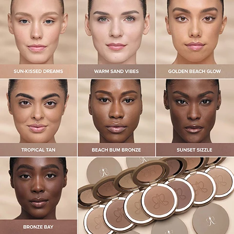 Image 1 - A grid of models shows different bronzer shades with text below each face Sun-Kissed Dreams, Warm Sand Vibes, Golden Beach Glow, Tropical Tan, Beach Bum Bronze, Sunset Sizzle, Bronze Bay, alongside a collection of open bronzer compacts.
Image 2 - Two round makeup powder compacts are shown alongside text describing their features: SILKY-SMOOTH, LIGHTWEIGHT POWDER WITH A RICH, BUTTERY TEXTURE SUN-KISSED COLOR WITH A FLAWLESS, SOFT-MATTE FINISH FOR A NATURAL GLOW BLURRING, GEL-POWDER HYBRID FORMULA SEAMLESSLY BLENDS + BUILDS.
Image 3 - Three arms with different skin tones display swatches labeled BRONZE BAY SUNSET SIZZLE BEACH BUM BRONZE TROPICAL TAN GOLDEN BEACH GLOW WARM SAND VIBES SUN-KISSED DREAMS.
Image 4 - Close-up of brown powder with text that reads SILKY-SMOOTH, BUTTERY TEXTURE Creamy luxurious feel + non-powdery appearance Blurs the appearance of imperfections Builds evenly without patchiness or streaking.
Image 5 - A woman applies makeup with a brush with text labels pointing to areas for application including Forehead near the hairline + temples, Upper cheekbone above contour, Nose + center of cheek, and Chin + jawline.
Image 6 - Image shows a light brown contour swatch and a dark brown bronzer swatch side by side with text labels CONTOUR VS BRONZER below which is explanatory text WHAT IT DOES Mimics te look of shadow and is used to minimize features PLACEMENT In the hollows of the face and in areas you want to minimize or define THE SHADES Cool-toned for a natural shadow effect WHAT IT DOES Adds warmth and a sun-kissed glow to your skin PLACEMENT In areas where the sun would naturally hit the face THE SHADES Warm-toned for natural sun-kissed color.
Image 7 - A woman wearing makeup with open bronzer and blush trio compacts in the foreground, showing the text PAIR WITH Smooth Blur Bronzer + Blush Trio for a sun-kissed glow.