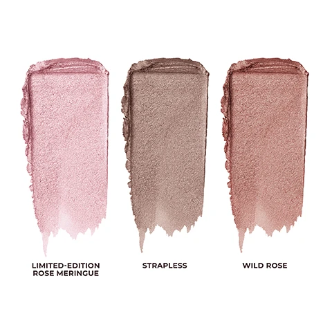 Image 3 - Three shimmering rectangular swatches of makeup in light pink, taupe, and rose gold, labeled respectively as LIMITED-EDITION ROSE MERINGUE, STRAPLESS, and WILD ROSE. Image 7 - A woman applies shimmering pink eyeshadow to her eyelid with a light pink makeup stick, her glossy lips visible, alongside text 24HR CREASE- AND SMUDGE-PROOF. Image 8 - A close-up image of a persons eye expertly made up with three different eyeshadow shades, displayed alongside circular swatches and their corresponding application areas: LIMITED-EDITION ROSE MERINGUE All over lid, STRAPLESS In crease, WILD ROSE In inner corner.