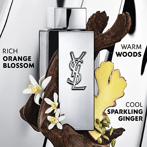 Image 1 - A silver and black perfume bottle with the YSL logo is surrounded by orange blossoms wood ginger and cardamom pods with text that says RICH ORANGE BLOSSOM WARM WOODS COOL SPARKLING GINGER LABSOLU. Image 2 - Three perfume bottles are displayed with wood, flowers, vanilla, and spice elements: a black bottle section with text EAU DE PARFUM FRESH & VIBRANT INTENSITY and EAU DE PARFUM on the bottle, a matte black bottle section with text LE PARFUM WARM & SENSUAL INTENSITY, and a silver bottle section with text LABSOLU COOL-SPICED INTENSITY and LABSOLU on the bottle.
