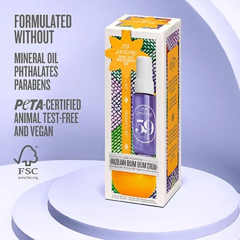 Image 4 - A Sol de Janeiro Double Date Mini Discovery Duo product box is displayed on a white pedestal, featuring purple and green decorative elements and a perfume mist and body cream, while to its left, there are bullet points and certifications listed reading FORMULATED WITHOUT MINERAL OIL PHTHALATES PARABENS PETA-CERTIFIED ANIMAL TEST-FREE AND VEGAN FSC www.fsc.org, and the product box itself prominently displays Sol de Janeiro Double Date Mini Discovery Duo on an orange flower, a purple bottle labeled Sol de Janeiro Fragrance Cheirosa 59 Perfume Mist Brume parfumée, and a band across the bottom stating Sol de Janeiro Brazilian Bum Bum Cream Firms & Tightens, Fast-Absorbing Raffermit visiblement, sabsorbe rapidement with contents 1.0 fl oz / 30 mL e Perfume Mist / Brume parfumée and 1.7 fl oz / 50 mL e Body Cream / Crème pour le corps, plus a side panel with text reading LOVE IT. FLAUNT IT. YOUVE GOT IT. Uplifting and delicious perfume mist with notes of vanilla orchid & sheer sandalwood. Visibly tightening body cream with caffeine-rich guarana. Une brume parfumée vivifiante et délicieuse aux notes dorchidée vanille et de bois de santal pur. Crème pour le corps visiblement raffermissante au guarana riche en caféine.