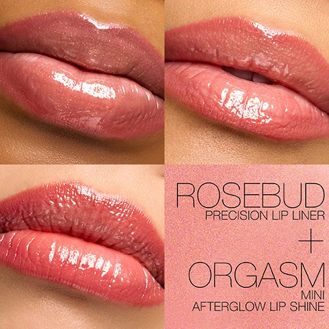 Image 1 - Three close-ups show different models wearing glossy pink lip products, alongside text that reads ROSEBUD PRECISION LIP LINER + ORGASM MINI AFTERGLOW LIP SHINE. Image 2 - Three forearms with varying skin tones, from fair to dark, are shown with two sets of lip product swatches, labeled on the left as PRECISION LIP LINER ROSEBUD, MINI AFTERGLOW LIP SHINE ORGASM, PRECISION LIP LINER SPUNK, and MINI AFTERGLOW LIP SHINE NYMPHO. Image 3 - A black lip liner pencil with a reddish-brown tip and a lip gloss applicator with a dollop of shiny peach-pink gloss, both shown with corresponding swatches on a white background, with text that reads PRECISION LIP LINER IN ROSEBUD and MINI AFTERGLOW LIP SHINE IN ORGASM.
