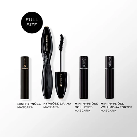 Image 2 - The image shows a full-size black mascara tube and its brush, alongside three smaller black mini mascara tubes, all arranged on a white background. Visible text includes: FULL SIZE, HYPNÔSE DRAMA, LANCOME, HYPNÔSE, HYPNÔSE Doll Eyes, HYPNÔSE Volume-a-porter, MINI HYPNÔSE MASCARA, HYPNÔSE DRAMA MASCARA, MINI HYPNÔSE DOLL EYES MASCARA, MINI HYPNÔSE VOLUME-À-PORTER MASCARA. Image 3 - The image displays a before and after comparison of mascara application on three different lash types, with visible text reading UP TO 17x MORE VOLUME*, BEFORE, AFTER, DENSE LASHES, CURLED LASHES, SHORT LASHES, and *AFTER 2X COATS. Image 4 - A black, twisted mascara tube labeled HYPNOSE DRAMA is surrounded by three dishes, each containing an ingredient and its benefit: a dark red rose-shaped gel for BLACK BACCARA ROSE FOR SMOOTHER LOOKING LASHES, golden gel blobs for 2% BONDING COMPLEX LASHES FEEL FORTIFIED*, and black pigment for BLACK ONYX PIGMENTS SMOLDERING INTENSITY, with a disclaimer *IN A CONSUMER TEST AFTER 2 WEEKS OF DAILY USE. Image 5 - Three Lancôme mascaras are displayed on a pink, winter-themed background with snowy mountains, featuring a black Hypnôse Drama Mascara with its wand out, a rose gold Lash Idôle Flutter Extension, and a rose gold and black Lash Idôle Mascara, with text reading Shop The Collection, Hypnôse Drama Mascara Extreme Volume, New Lash Idôle Flutter Extension Extreme Length, and Lash Idôle Mascara Lifting Mascara the extraordinary.
