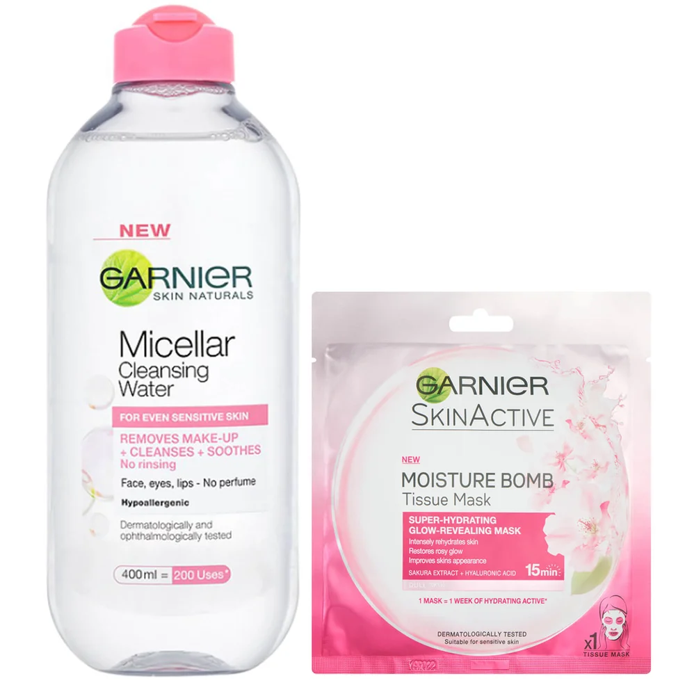 Garnier Micellar Water Sensitive Skin and Hydrating Moisture Bomb Face Sheet Mask Kit Exclusive Immagine 1