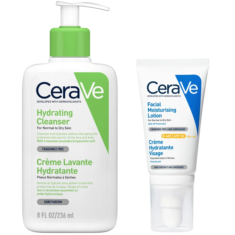 CeraVe Morning Face Routine for Dry Skin, Hydrating Cleanser and Moisturiser with SPF 50 Immagine 1