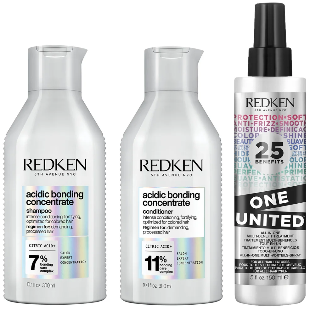Redken Acidic Bonding Concentrate Shampoo, Conditioner and One United Multi-Benefit Leave-in Treatment Bond Repair Bundle Immagine 1