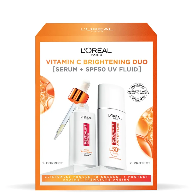 L'Oréal Paris Cofanetto Revitalift Siero Viso alla Vitamina C Pura e Fluido Viso Invisibile SPF 50+