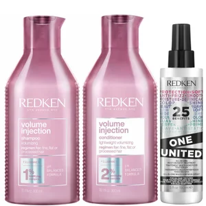 Redken Volume Injection Shampoo, Conditioner and One United Treatment Spray Routine for Fine/Flat Hair - undefined undefined