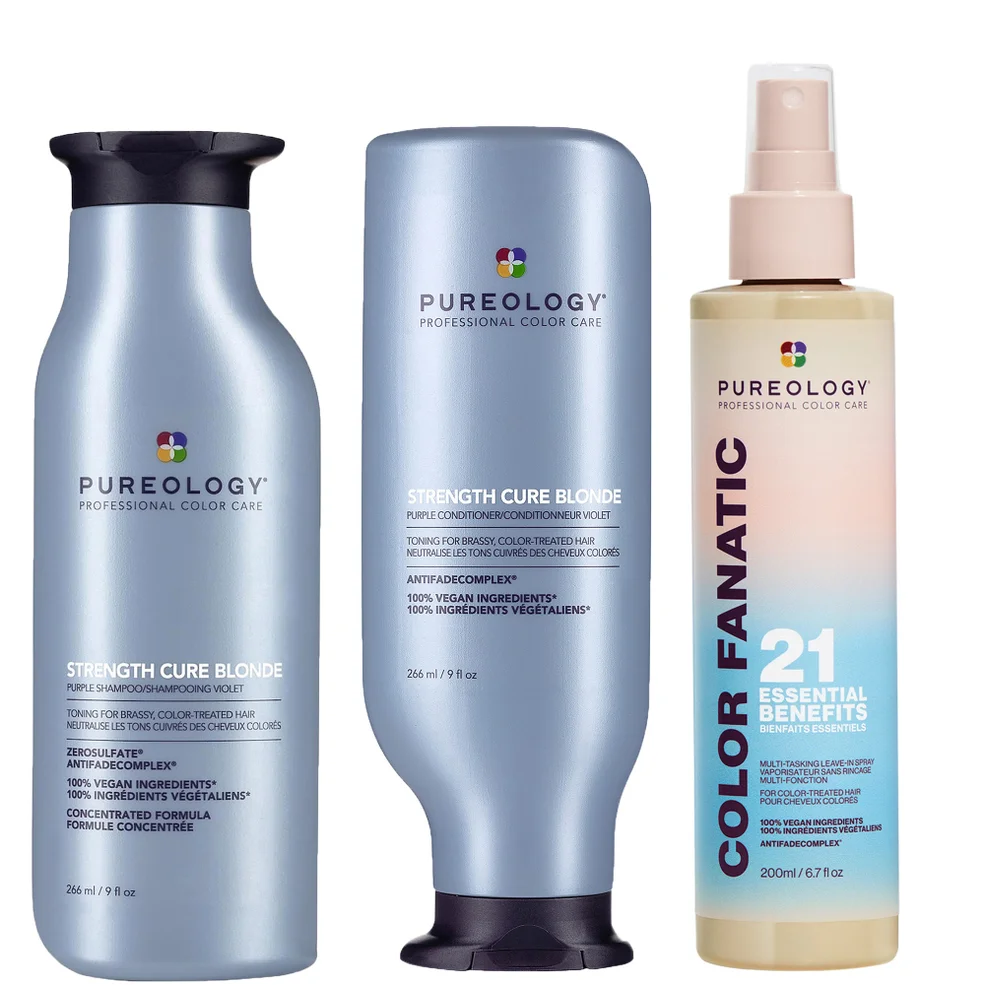 Pureology Strength Cure Blonde Purple Shampoo, Conditioner and Color Fanatic Spray Routine for Toning Brassy Hair Immagine 1