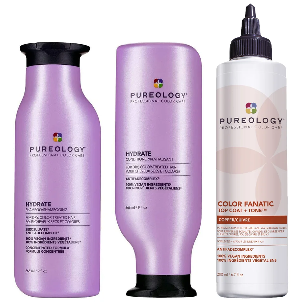 Pureology Hydrate Shampoo, Conditioner and Top Coat & Tone Routine for Neutralising and Hydrating Copper Hair Immagine 1