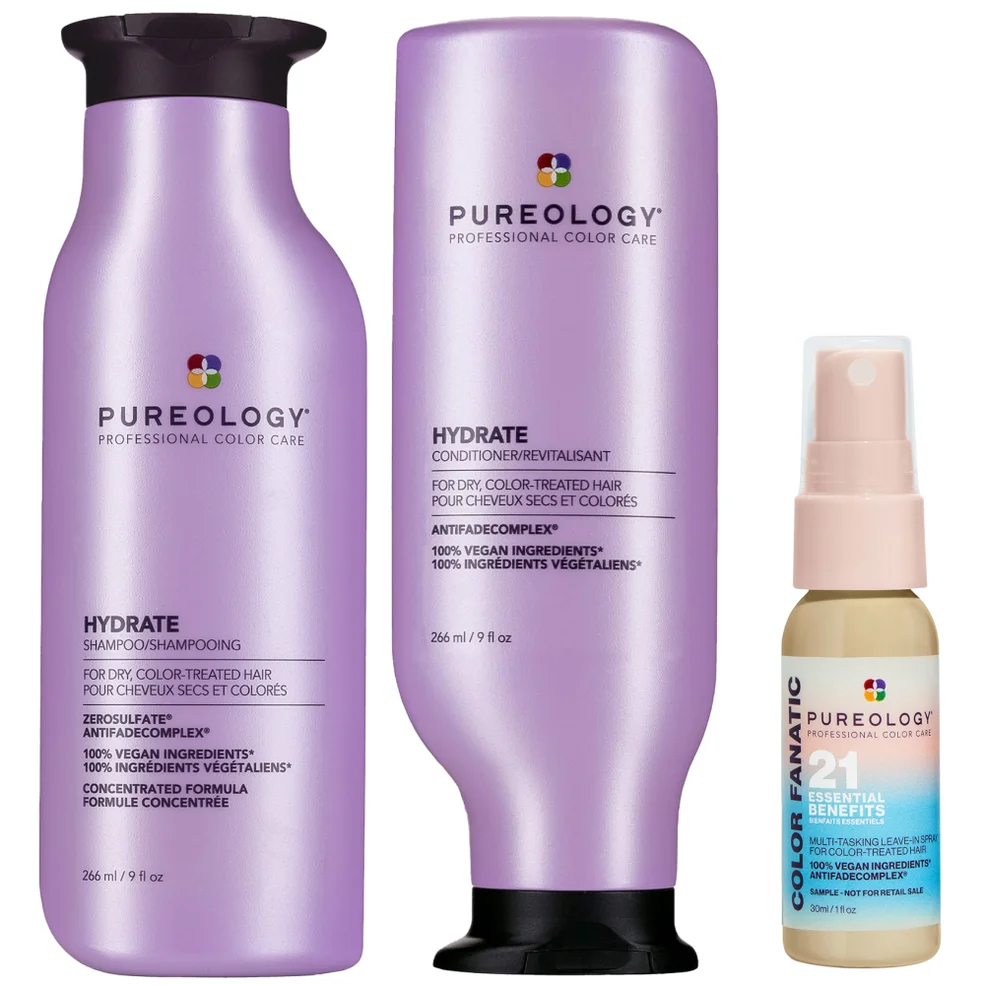 Pureology Hydrate Shampoo 266ml, Conditioner 266ml and Color Fanatic Spray Travel Size 30ml For Dry Hair Bundle Immagine 1