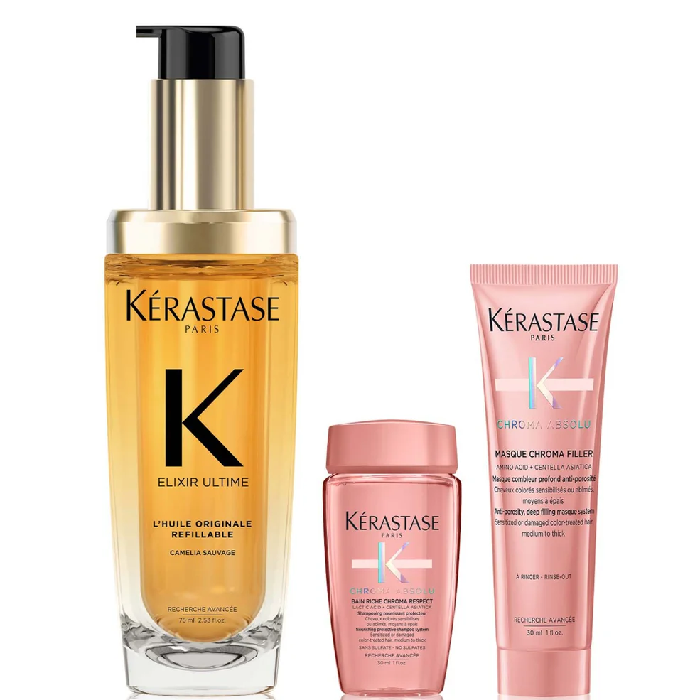 Kérastase Elixir Ultime L'Huile Originale Hair Oil 75ml for all hair types with FREE Mini Deluxe Chroma Absolu Shampoo 30ml and Mask 30ml Duo Immagine 1