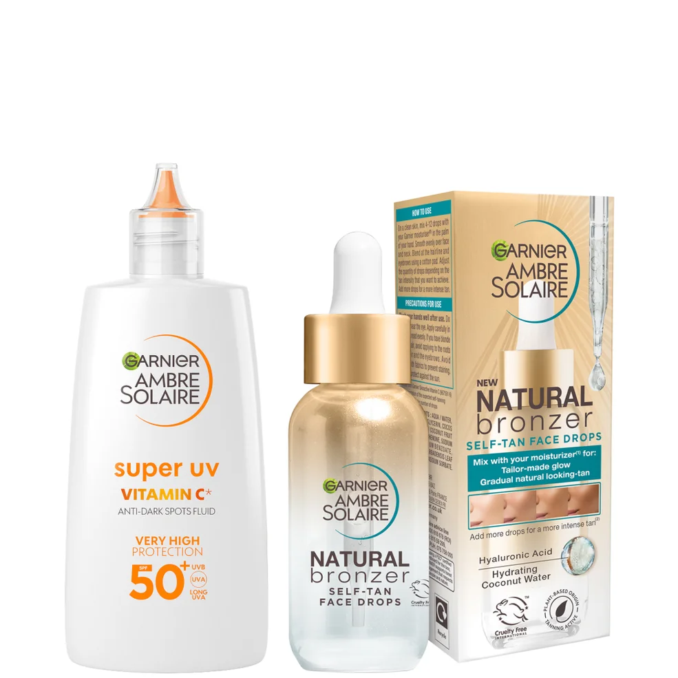 Garnier Glow and Protect Duo: Natural Bronzer Self-Tan Drops and Ambre Solaire Vitamin C Facial SPF50+ Fluid Immagine 1
