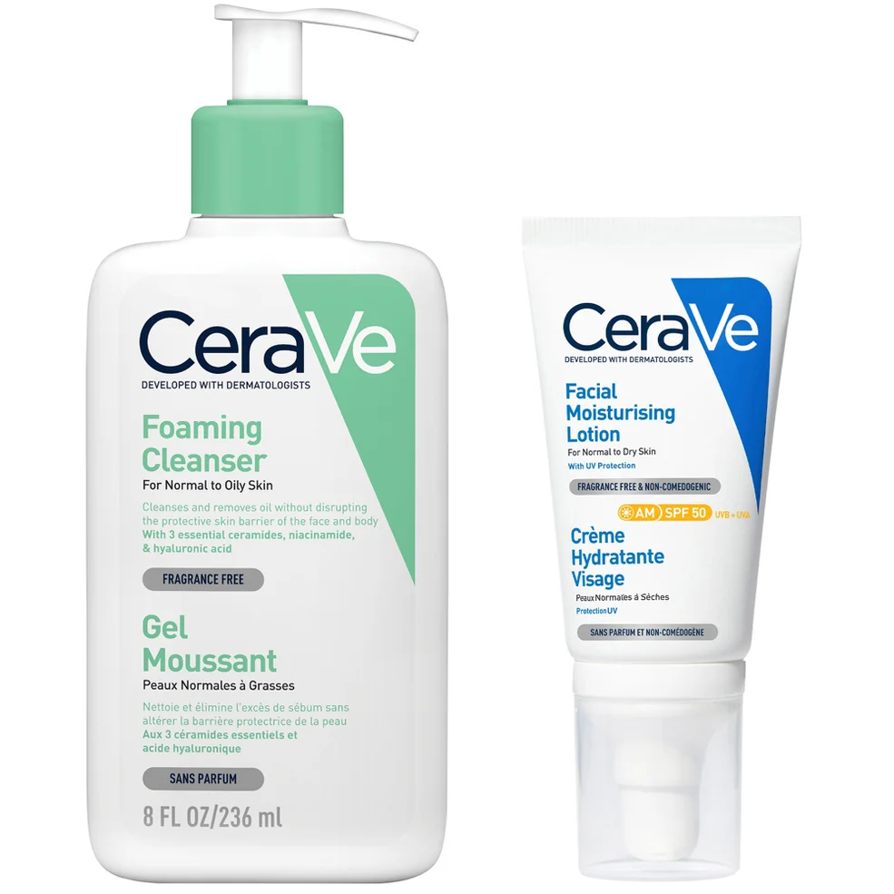 CeraVe Morning Cleanse and Protect Duo for Oily Skin, Cleanser with Niacinamide and Moisturiser with SPF 50 and Hyaluronic Acid Immagine 1