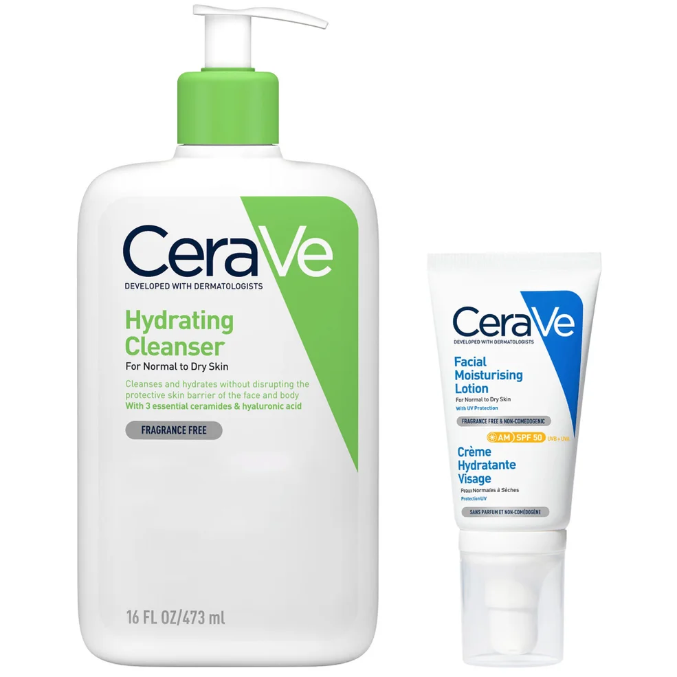CeraVe Cleanse and Protect Face Routine for Dry Skin, Hydrating Cleanser and Facial Moisturiser with SPF 50 Immagine 1