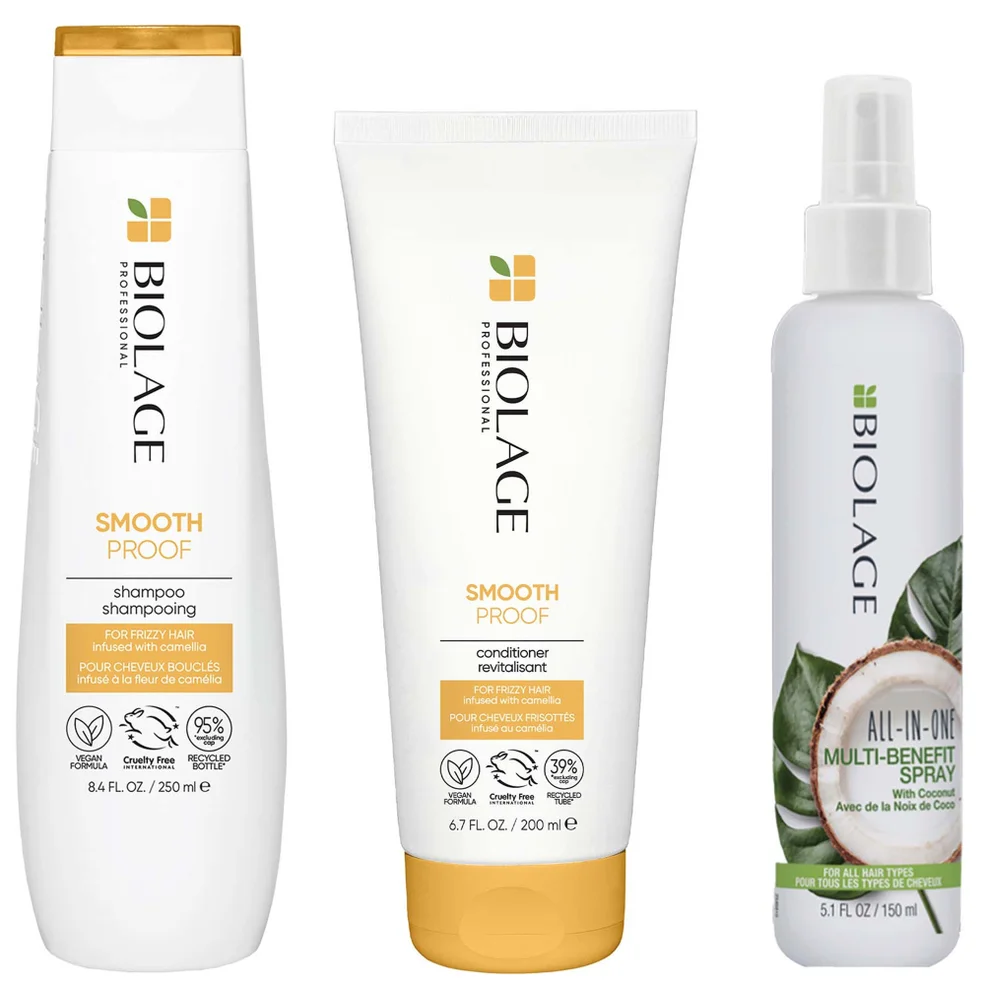 Biolage Smooth Proof Shampoo and Conditioner and All-in-One Coconut Infusion Multi-Benefit Leave-in Hair Spray Bundle Immagine 1