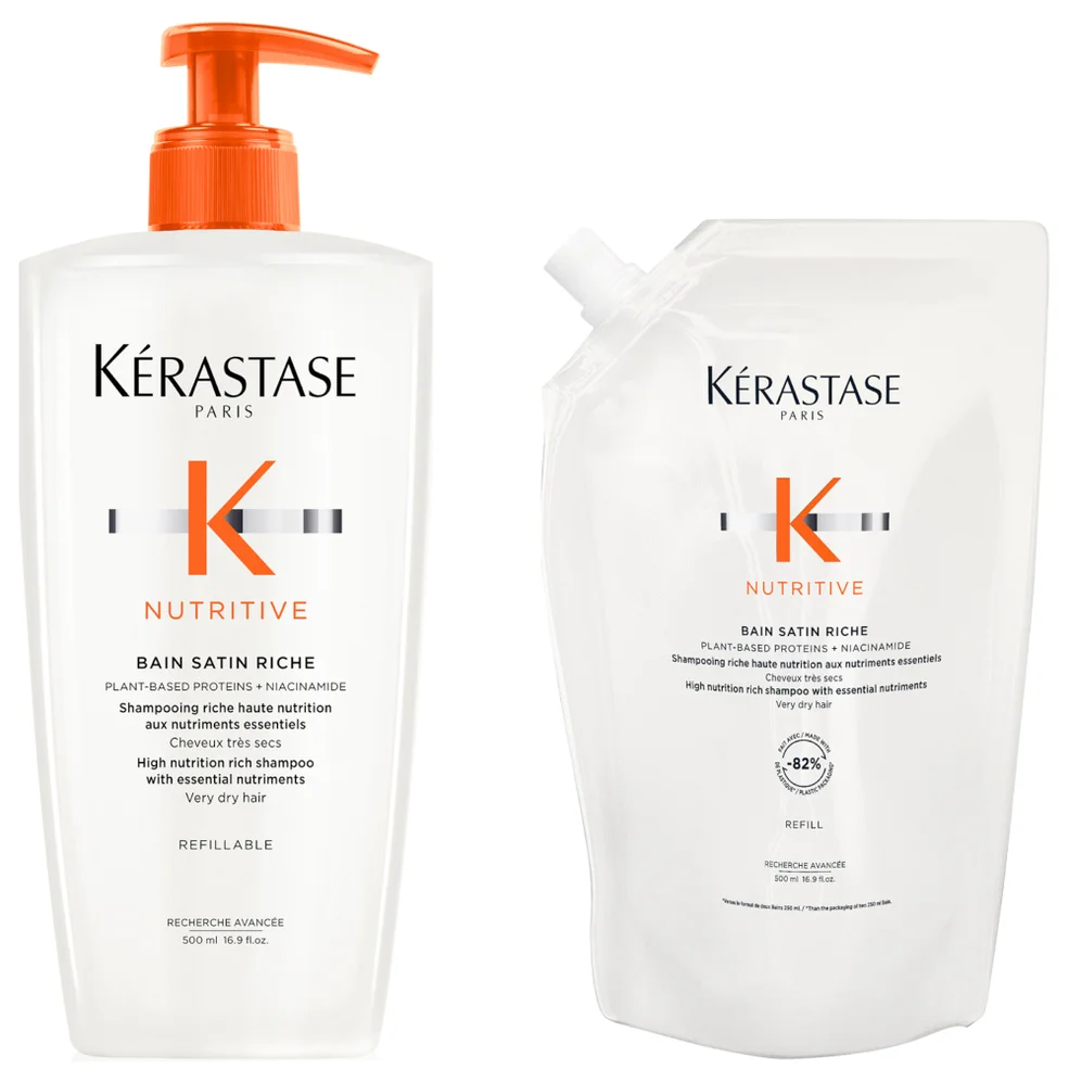Kérastase Nutritive Bain Satin Riche Refillable Shampoo and Refill Pouch Duo for Fine to Medium Dry Hair with Niacinamide 500ml Immagine 1