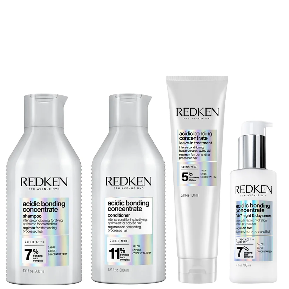 Redken Acidic Bonding Concentrate Shampoo 300ml, Conditioner 300ml, Leave-in Treatment 150ml and 24/7 Night & Day Serum Bundle Immagine 1