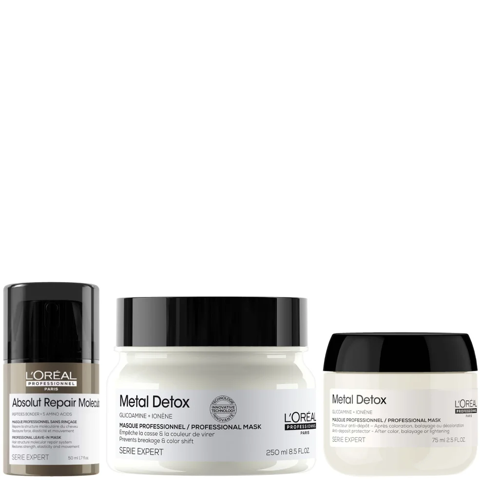 L'Oréal Professionnel Metal Detox Hair Mask & Absolut Repair Molecular Leave-In Cream, repair damage mask set 250ml & 50ml Immagine 1